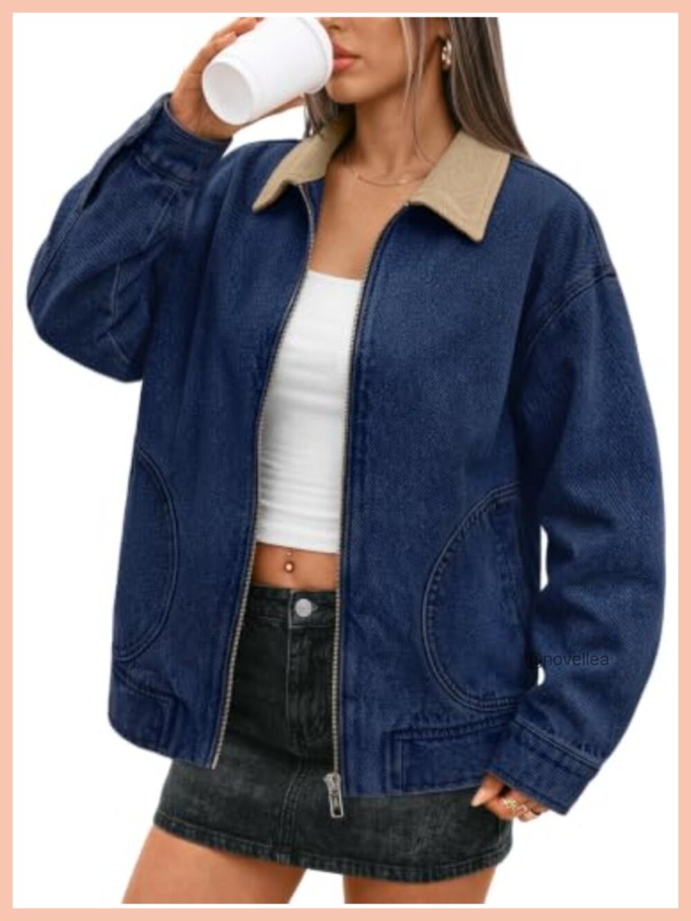Oversized Cotton Denim Jacket Corduroy Collar Zip Front Barn Style